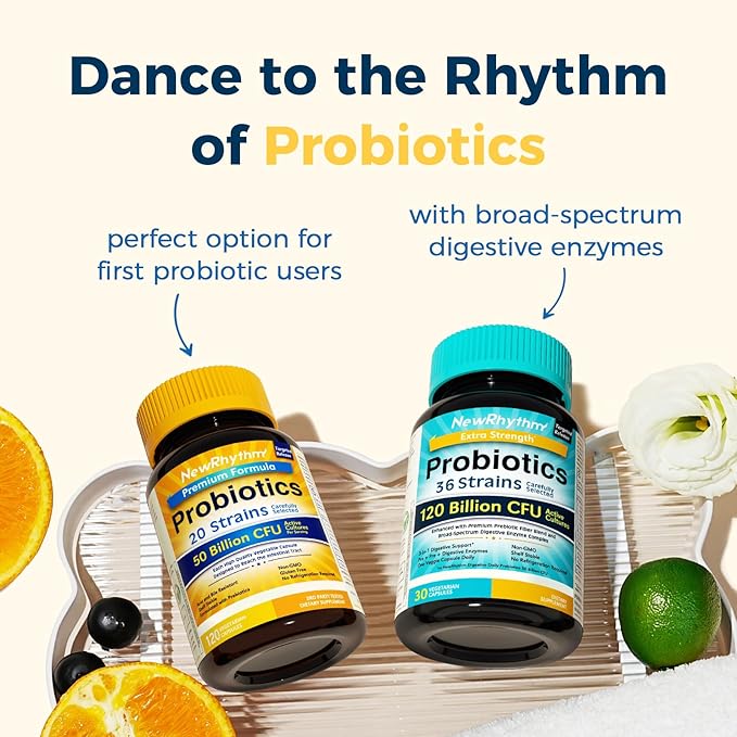 NewRhythm Probiotics 50 Billion CFU 20 Strains 120 Veggie Capsules Targeted Release Technology Stomach Acid Resistant No Need for Refrigeration Non-GMO No Gluten
