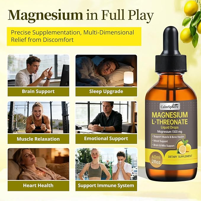 High Absorption Magnesium L-Threonate 1300mg Liquid Drops with L-Theanine&ampGABASupports Brain FunctionDeep Sleep Quality&ampStress ReliefNatural Lemon FlavorFast Acting GMP CertifiedAdults &a