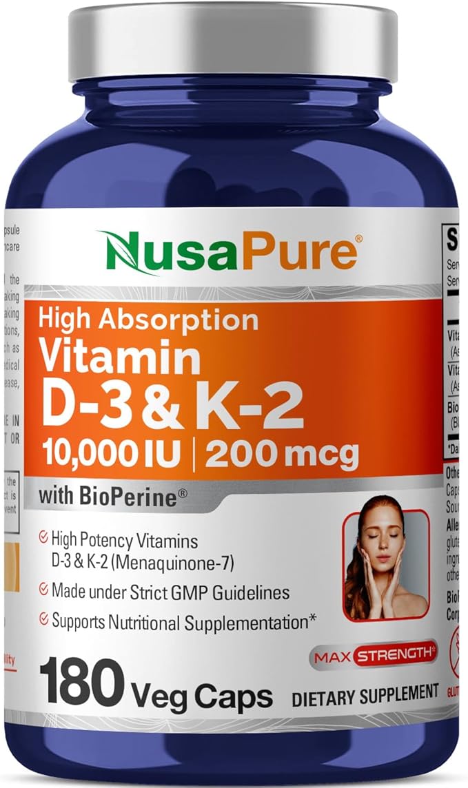 NusaPure Vitamin K2 (MK7) (200mcg) + Vitamin D3 (10000 IU) 180 Veg Caps - Bioperine Soyfree Non-GMO