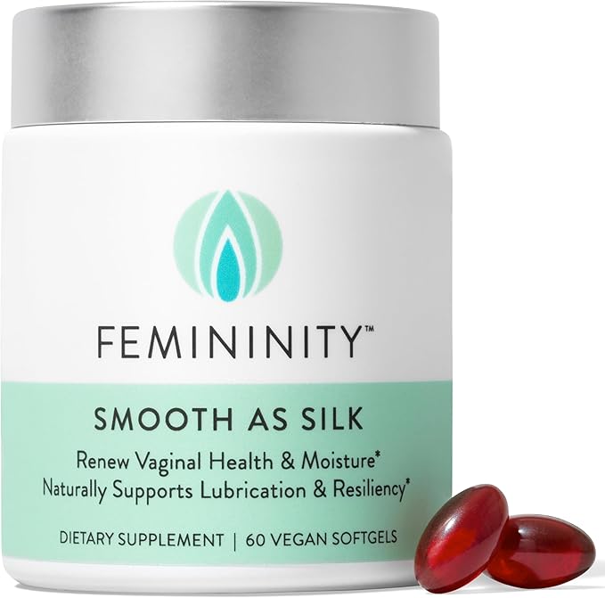 Femininity Smooth as Silk 30-Day Starter Kit for Vaginal Dryness (60 Softgels &amp Refillable Glass Jar) – Sea Buckthorn Oil with 365mg Omega 7 + Omega 3 and Omega 9