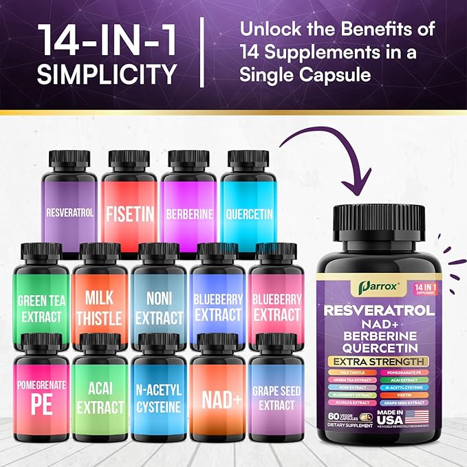 Resveratrol Supplement with Milk Thistle NAD Berberine Quercetin Fisetin Pomegranate Green Tea Noni Acai Blueberry Grape Seed Extracts N-Acetyl Cysteine 14-in-1 Extra Strength (120 Caps)