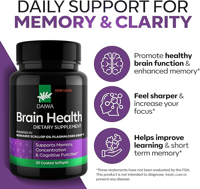 DAIWA Advanced Omega-3 Brain Supplement - Phospholipid Omega Formula with Hokkaido Scallop Oil Plasmalogen for Memory Focus and Cognitive Wellness - 60 Softgels