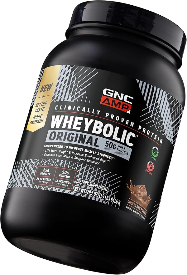 GNC AMP Wheybolic Clinically Proven Protein Powder 50g Whey Protein BCAA Leucine Increases Muscle Strength Muscle Building 3rd Party Tested Gluten Free Chocolate Fudge 13 Servings