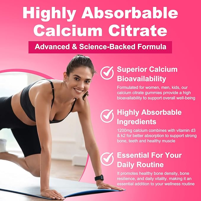 180 Count Calcium Citrate Gummies - 1200mg Calcium Gummies with Magnesium &amp 4 Essential Vitamins Support Bone Muscle Teeth Immunity Calcium Supplements for Women &amp Men Strawberry Flavor