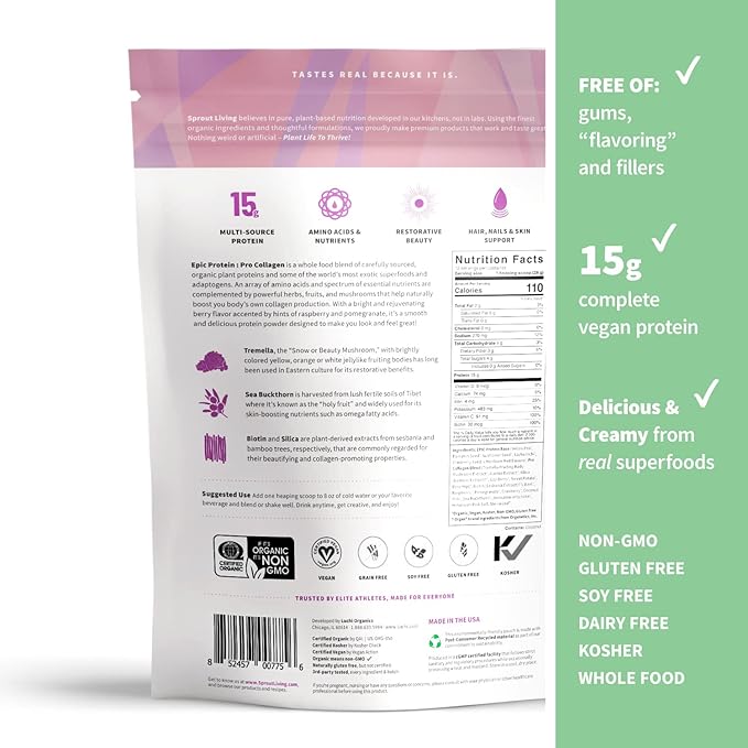 Sprout Living Epic Protein Plant Based Protein &amp Superfoods Powder Pro Collagen Berry | 15 Grams Organic Protein Powder Vegan Non Dairy Non-GMO Gluten Free Low Sugar (0.7 Pound 12 Serving