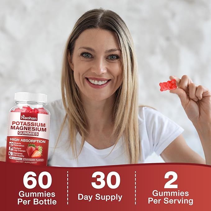 Potassium Magnesium Gummies with Electrolytes &amp Vitamins - Magnesium Glycinate Potassium Citrate Calcium Vitamins B6 D3 &amp K2 for Muscle Function &amp Recovery - Vegan Strawberry 120 Cou