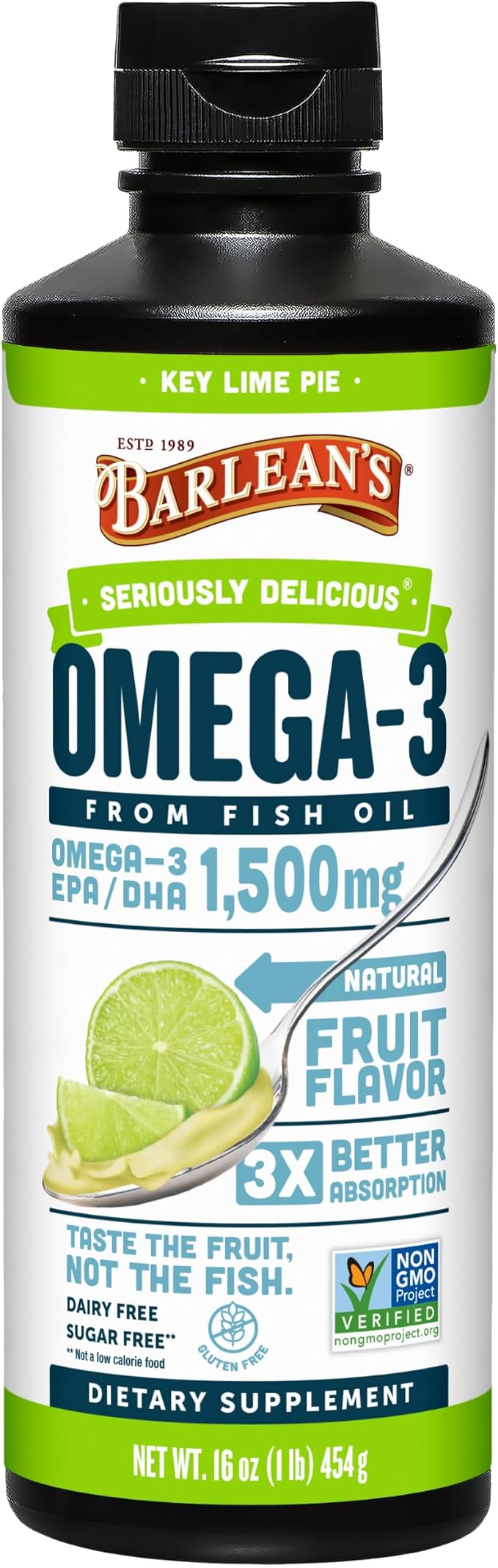 Barlean's Omega 3 Fish Oil Liquid Supplement for Men and Women 1500mg of EPA and DHA Fatty Acid Promotes Brain &amp Heart Health - Non-GMO Key Lime Pie 16 oz