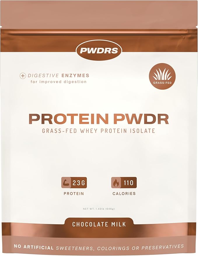 PWDRS Protein Powder | 100% Grass-Fed Whey Protein Isolate | 22g of Protein No Added Sugar | Non-GMO Gluten Free No Sucralose All Natural | 1.25 lbs (Chocolate Milk)