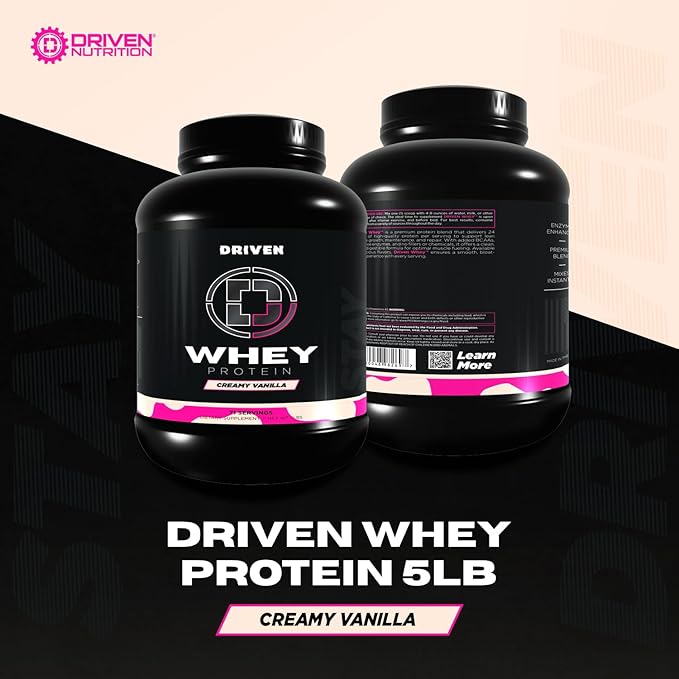 Driven WHEY- Grass Fed Whey Protein Powder: Delicious Clean Protein Shake- Improve Muscle Recovery with 23 Grams of Protein with Added BCAA and Digestive Enzymes (5 lb Creamy Vanilla)