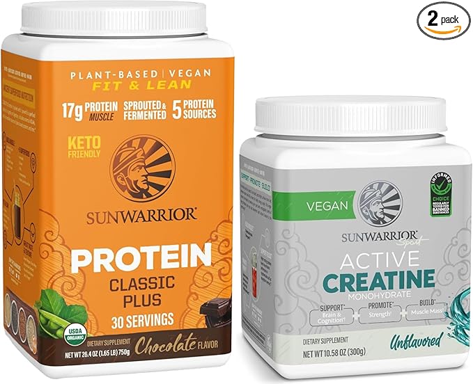 Creatine Powder &amp Chocolate Classic Plus Organic Protein Powder Set | Bundle &amp Save | Vegan Protein Superfood Blend plus Unflavored Creatine Monohydrate (60 Servings Unflavored 30 Servings Ch