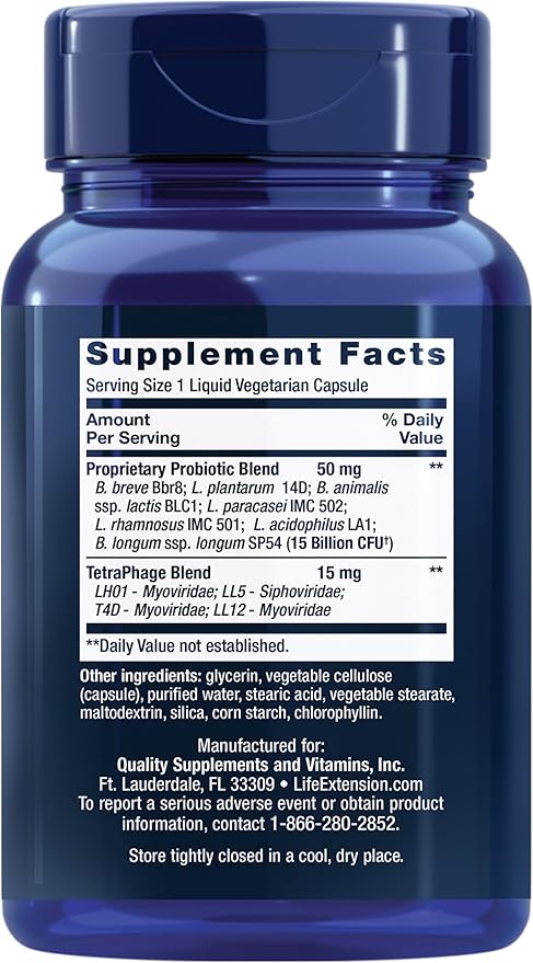 Life Extension FLORASSIST GI with Phage Technology Digestive Health probiotic Support Nutrient Absorption 7 probiotic strains bacteriophage Blend 90 Liquid Vegetarian Capsules