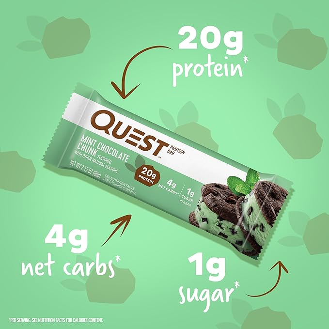 Quest Mint Chocolate Chunk Protein Bars High Protein Low Carb Gluten Free Keto Friendly 12 Count and Peanut Butter Chocolate Chip High Protein Cookie Keto Friendly Low Carb 24.5 Oz 12 Count