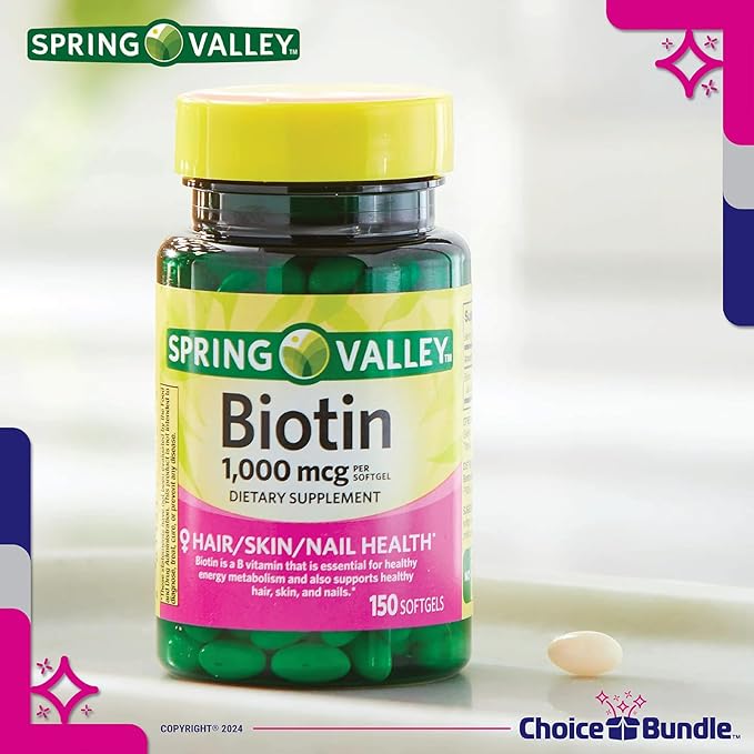 Choice Bundle Spring Valley Biotin Softgels 1000mcg Dietary Supplement for Hair Skin Nail Health 150 Ct 4 pk (600 Total) + Vitamin Guide &amp Pill Container (6 Items)!