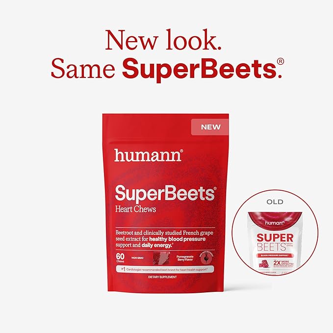Humann SuperBeets Heart Chews Nitric Oxide and Blood Pressure Support Grape Seed Extract &amp Non-GMO Beet Root Powder Energy Supplement Pomegranate Berry Flavor 60 Count