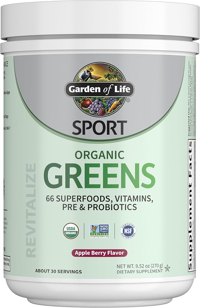 Garden of Life Sport Nutrition Greens and Superfoods Powder for Women and Men - Apple Berry Organic Blend - Spirulina Fruit Vitamins Pre &amp Probiotics Mushrooms Athletic Supplements 30 Servi