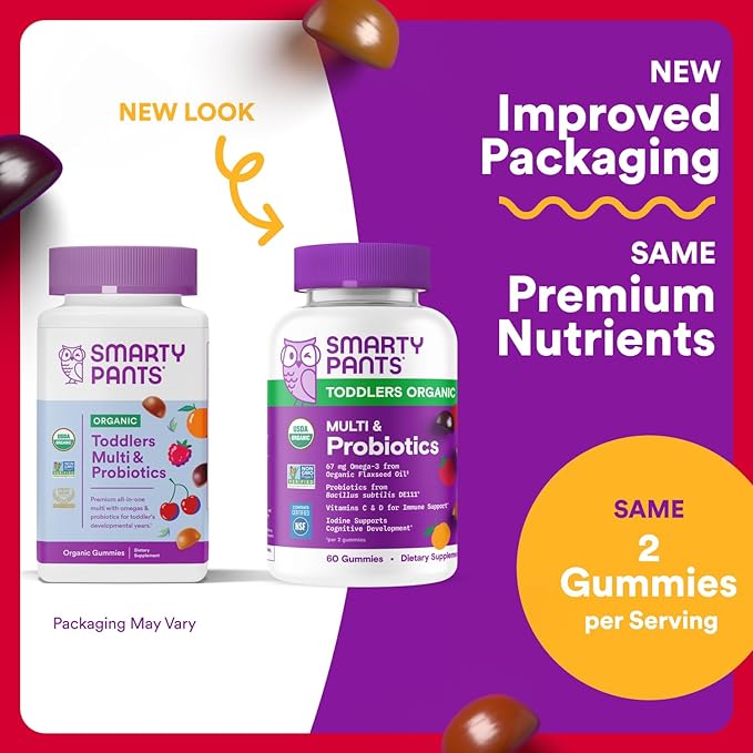 SmartyPants Organic Toddler Multivitamin Gummies: Probiotics Omega 3 (ALA) Vitamin D3 C Vitamin B12 B6 A K &amp Zinc Beta Carotene Gluten Free Three Fruit Flavors 60 Count (30 Day Supply)