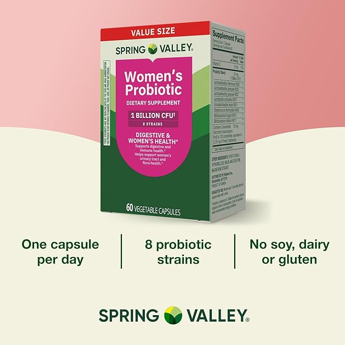 Probiotics for Women Capsules Dietary Supplement 1 Billion CFUs - Digestive Health by Spring Valley (60 Capsules - Pack of 1) - Set by Basket Goods