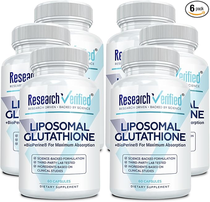 Research Verified® Glutathione - Liposomal Glutathione 500mg with Phospholipid Complex Vitamin C Bioperine® - Vegan - 60 Capsules Per Bottle (6 Bottles)