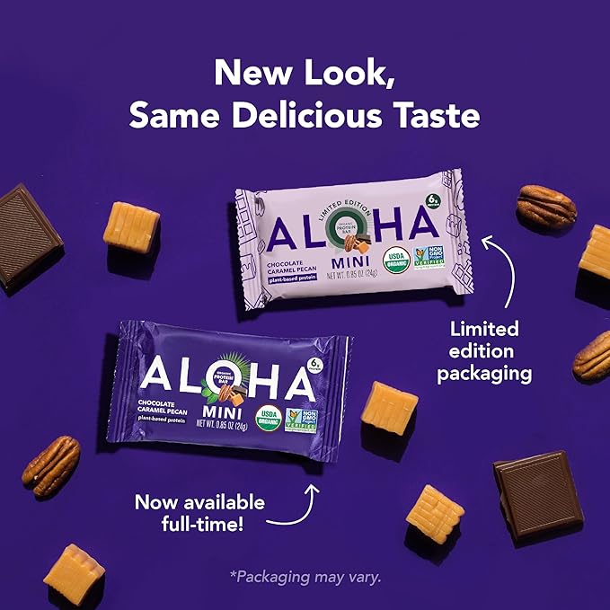 ALOHA Organic Plant Based Protein Bar MINIS | Caramel Chocolate Pecan | GLP-1 Friendly 20 Count 24g Bars | Vegan Low Sugar Gluten Free Low Carb Non-GMO No Stevia No Soy No Sugar Alcohols