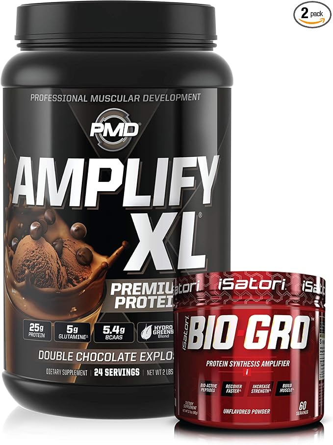 PMD Sports Amplify XL Premium Whey Protein Double Chocolate Explosion (24 Servings) &amp iSatori Bio-GRO Unflavored (60 Servings)