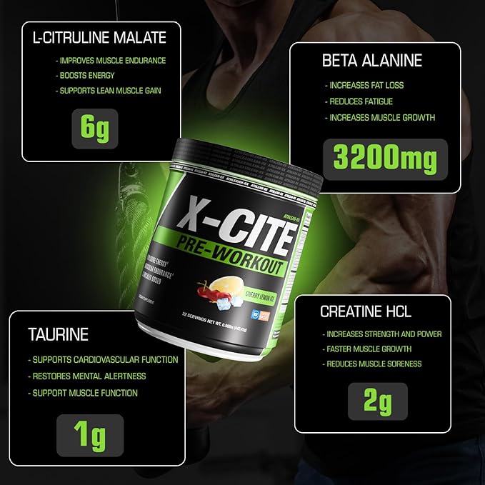 X-CITE Pre-Workout by ATHLEAN-X - Enhanced Formula with Beta-Alanine Creatine &amp Caffeine for Ultimate Energy Endurance Focus &amp Muscle Pump NSF Certified for Sports (Cherry Lemon Ice)
