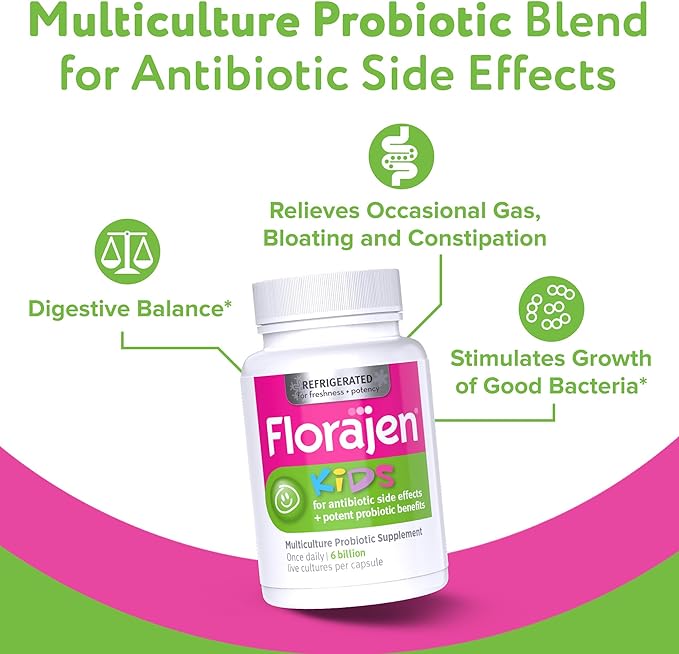 Florajen Kids Probiotic - Daily Gut &amp Immune Support for Children 6+ Months - Constipation Bloating &amp Digestive Relief - Refrigerated for Freshness &amp Potency - 30 Capsules