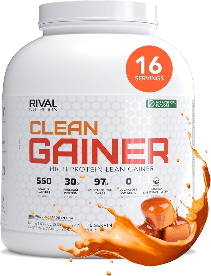 RIVAL NUTRITION Clean Gainer Protein Powder – 5LB Salted Caramel – High Protein Lean Mass &amp Weight Gainer | 550 Calories 30g Protein 97g Multi-Source Carbs No Artificial Ingredients – 16 Servin