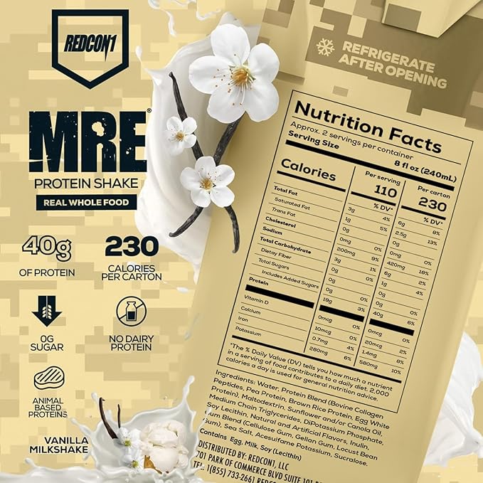 REDCON1 MRE Ready to Drink Protein Shakes Vanilla Milkshake - Protein Drinks with Whole Food Sources - Sugar Free RTD Shake Formulated to Fuel Athletes at Any Time (12 Pack)