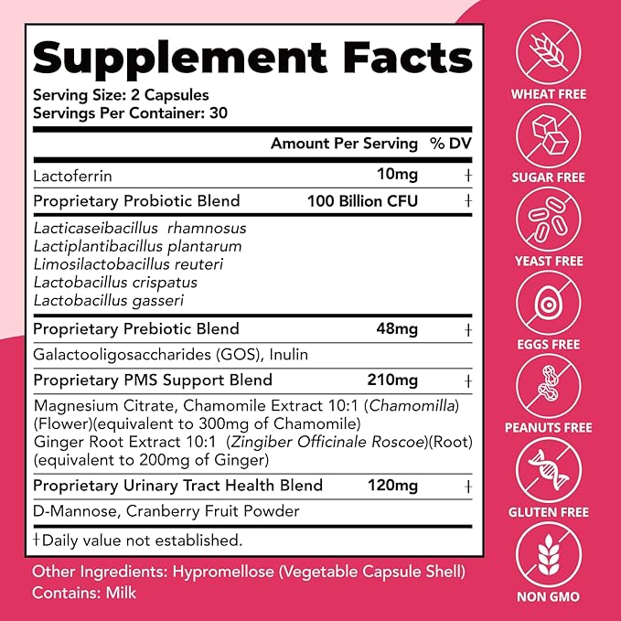Vaginal Probiotics – pH Balance Feminine Odor Control &amp Yeast Support Probiotics for Women with Prebiotics &amp Lactobacillus Blend 60 Capsules
