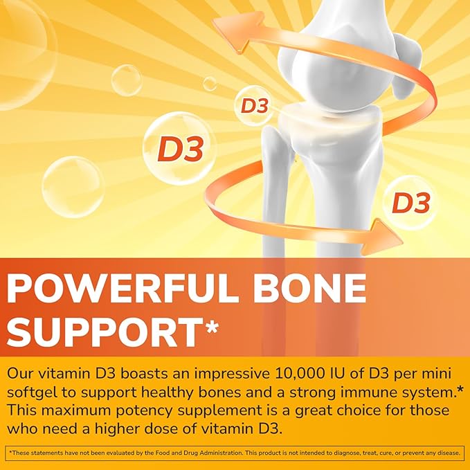 Maximum Strength Vitamin D3 10000 IU (250mcg) Highly Bioavailable with Cold Pressed Olive Oil Immune Bone &amp Teeth Health Support No Soy Sunshine Vitamin 240 Mini Softgels