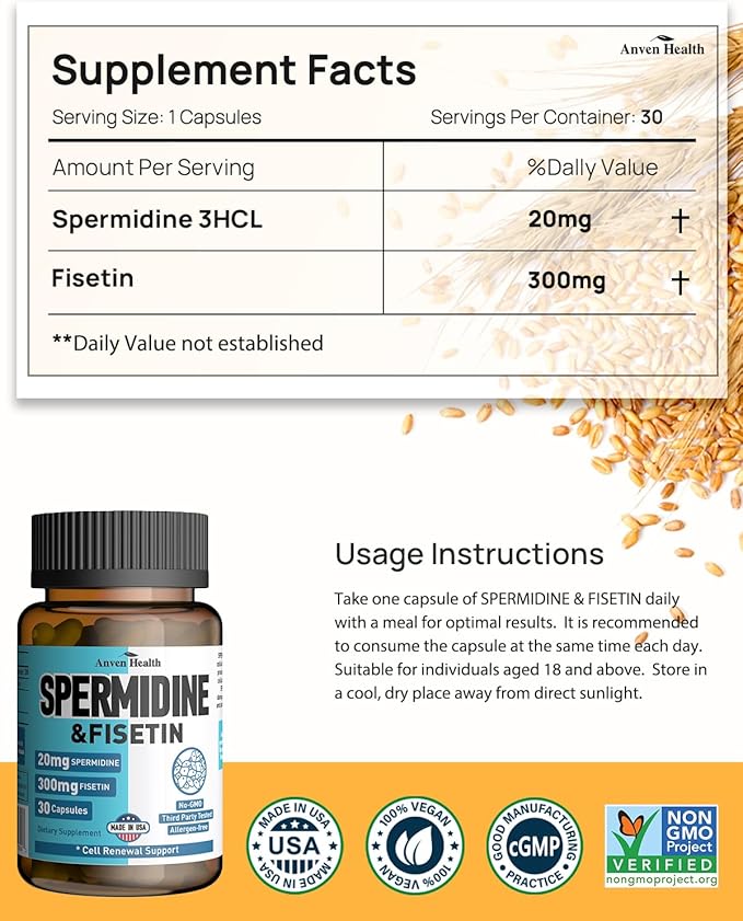 Probiotics &amp Spermidine Supplement - 100B CFU 27 Strains 20mg Spermidine 300mg Fisetin for Gut Health Cell Renewal &amp Longevity