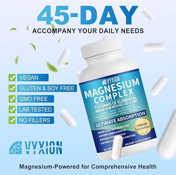 VYXION Magnesium Complex 900mg per Serving – High Absorption Magnesium Glycinate with Vitamin D3 K2 Zinc &amp B Vitamins – Sleep Calm Muscle &amp Nerve Support – 90 Capsules