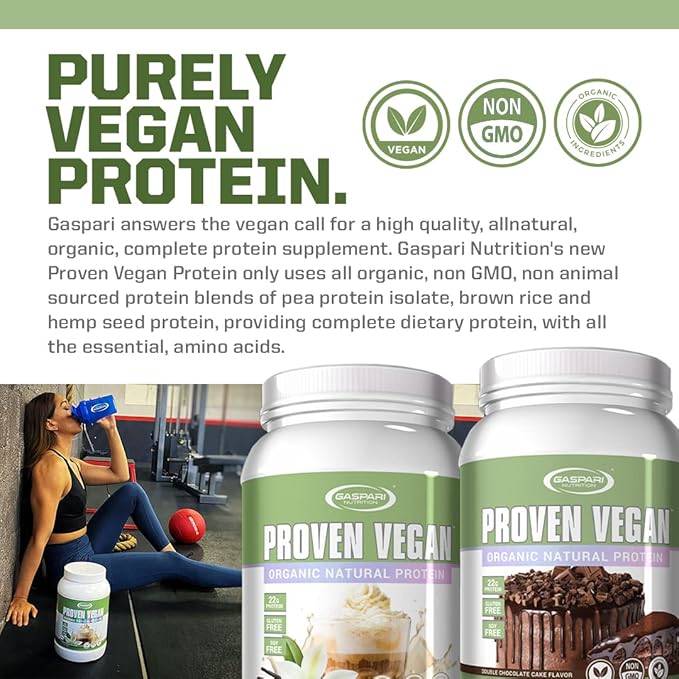 Gaspari Nutrition Proven Vegan Protein Organic Natural Protein Gluten Free Soy Free NON GMO (2lbs Double Chocolate Cake)