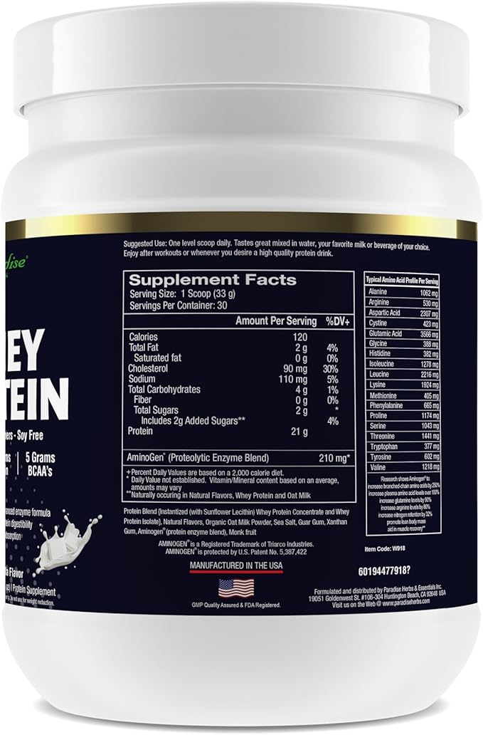 Paradise Herbs 100% Whey Protein Powder Vanilla 21g Protein 5.5 BCAA's 2.2g L-Leucine 210mg Aminogen 30 Servings