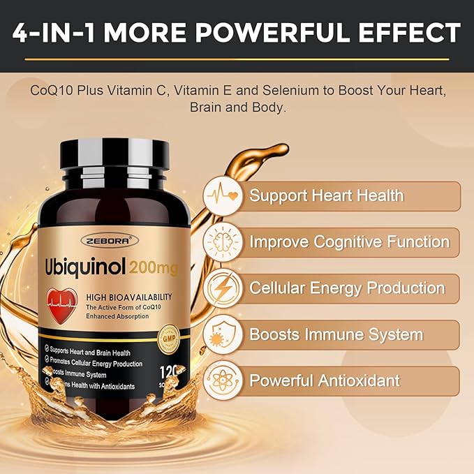 ZEBORA Ubiquinol CoQ10 200mg Softgels 4-in-1 Powerful Antioxidant for Heart and Vascular Health Essential for Energy Production Max Absorption Active Form of CoQ10 120 Softgels