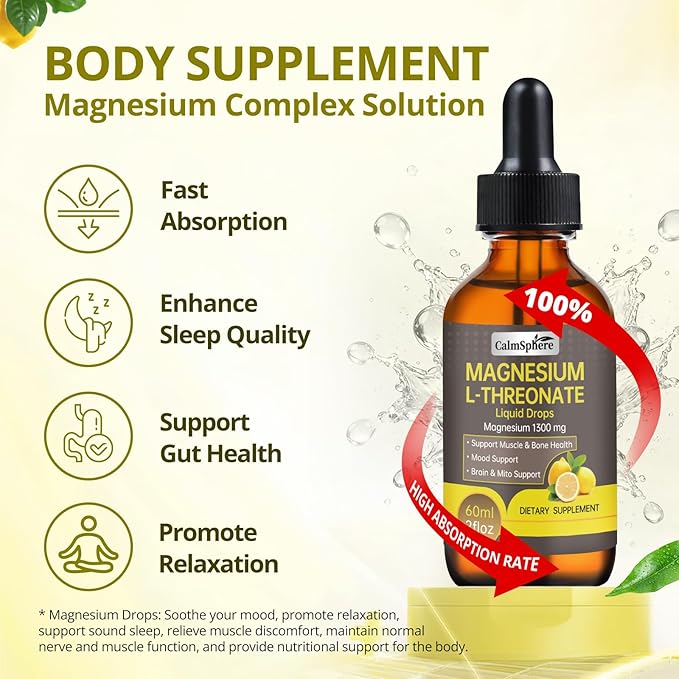 High Absorption Magnesium L-Threonate 1300mg Liquid Drops with L-Theanine&ampGABASupports Brain FunctionDeep Sleep Quality&ampStress ReliefNatural Lemon FlavorFast Acting GMP CertifiedAdults &a