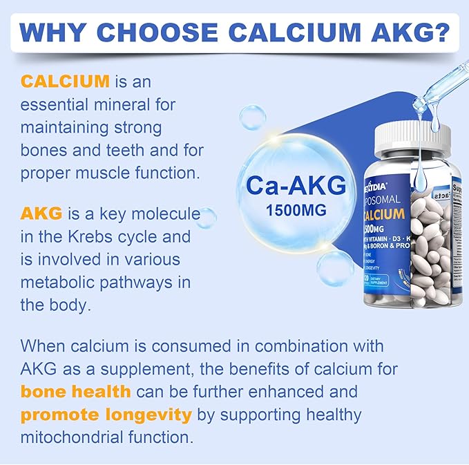 2 Pack Liposomal Calcium AKG Supplement 1500mg with Vitamin D3 &amp K2 for Women &amp Men Calcium Supplement with Magnesium Glycinate Boron Probiotics &amp Vitamin C for Bone Strength &amp Ener