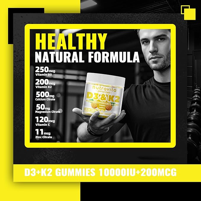 Nutravita Sugar-Free Vitamin D3 K2 Chews with Calcium + K2 (MK-7) Magnesium Citrate Vitamin C Extra Strength - Ultimate Absorption for Bone Muscle Teeth Immune Vegan - 60 Count-Pineapple Flavor