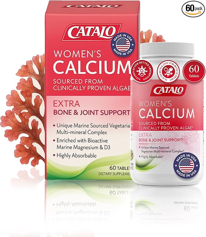 CATALO Women's Calcium with Aquamin™ Red Algae - Plant-Based Marine Calcium Supplement with Vitamin D3 Magnesium &amp Zinc - High Absorption Formula - 60 Tablets