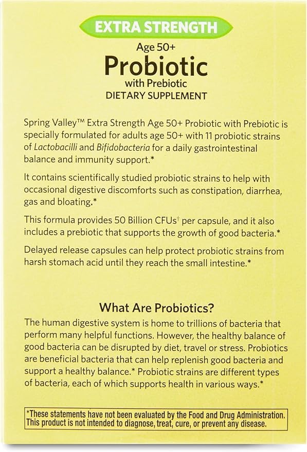 Probiotic | Age 50+ | 50 Billion CFU 11 Strains 30 Capsules | Daily Probiotic Supplement | for Adults 50+ | Spring Valley + Vsl Sticker