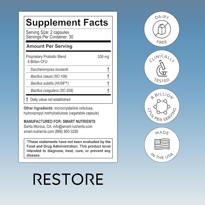 RESTORE Limited Edition | Digestive Probiotics &amp Antioxidant Daily Supplement | Supports IBS &amp Gut Health | 4 Clinically Proven Strains with 3 Spore-Based Probiotics | 60 Caps | 30 Day Supply
