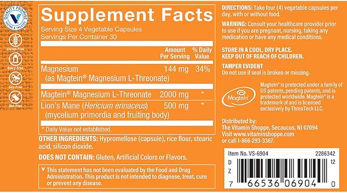 Magnesium L-Threonate with LionaTMs Mane &amp Magtein a Promotes Brain Health (120 Vegetable Capsules)