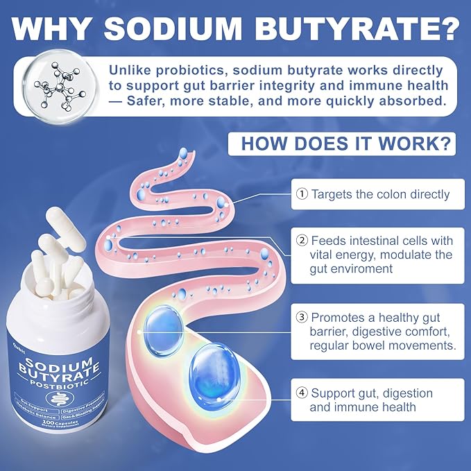 Sodium Butyrate Supplement – Postbiotic for Gut Health Supports Digestion IBS Leaky Gut &amp Stomach Comfort – Low Odor Easy to Swallow No Side Effects – 100 Vegan Capsules