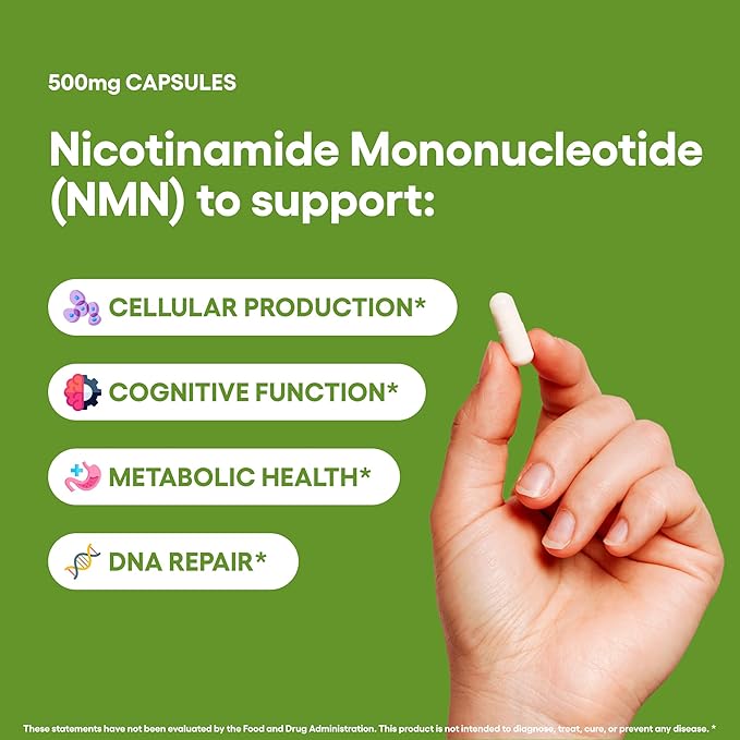 NMN 500mg Capsules 99.3% Purity | Nicotinamide Mononucleotide 30 Servings | Supports DNA Repair &amp Cognitive Function | Vegetarian Friendly Gluten Free Non-GMO 3rd Party Tested (30 Capsules NMN)
