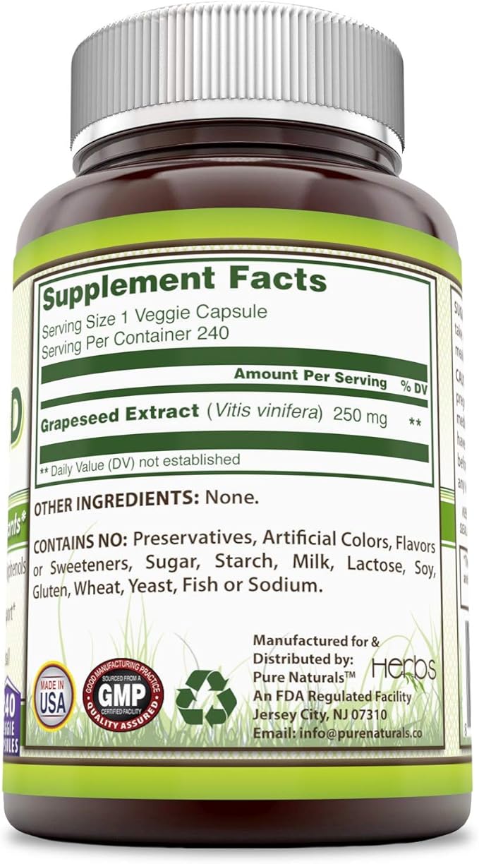 Pure Naturals Grapeseed Extract 250 Mg 240 Veggie Capsules (Non-GMO) Standardize to Contain Polyphenols Cardiovascular &amp Vein Support Supports Anti-Aging &amp Overall Well-Being
