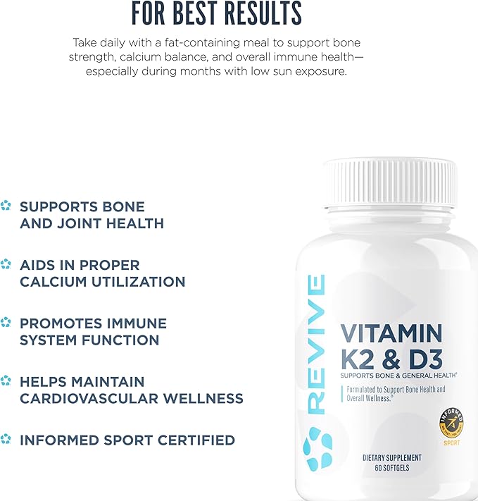 REVIVE MD Vitamin D3 &amp K2 - Supports Bone Health &amp Muscle Strength - K2 &amp D3 Vitamin Supplement for Women &amp Men Health &amp Brain Function (60 Servings)