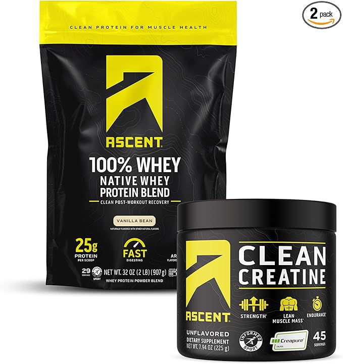 Ascent 100% Whey Protein Powder Vanilla Bean 2 lb &amp Creatine Monohydrate Powder Unflavored 45 Servings