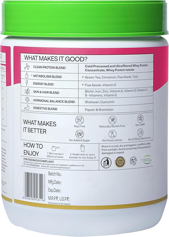 OZiva Protein &amp Herbs Women with Multivitamins Curcumin Shatavari Tulsi for Improved Metabolism Hormonal Balance &amp Skin Hair Health 1.1 lbs Cafe Mocha. Soy Free Gluten Free Non GMO