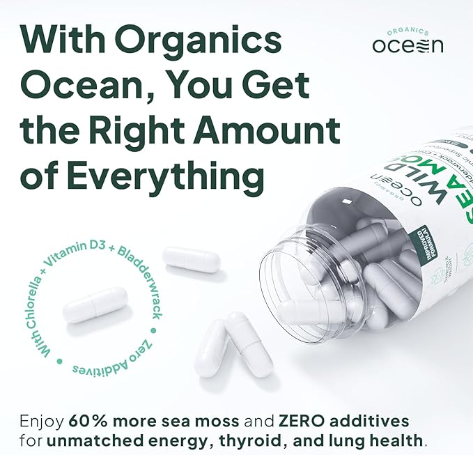 Organics Ocean Wild Sea Moss Capsules - 100% Organic Irish Sea Moss with Organic Chlorella Bladderwrack and Vitamin D for Energy Lung Health and Thyroid Support for Women and Men - 60 Capsules