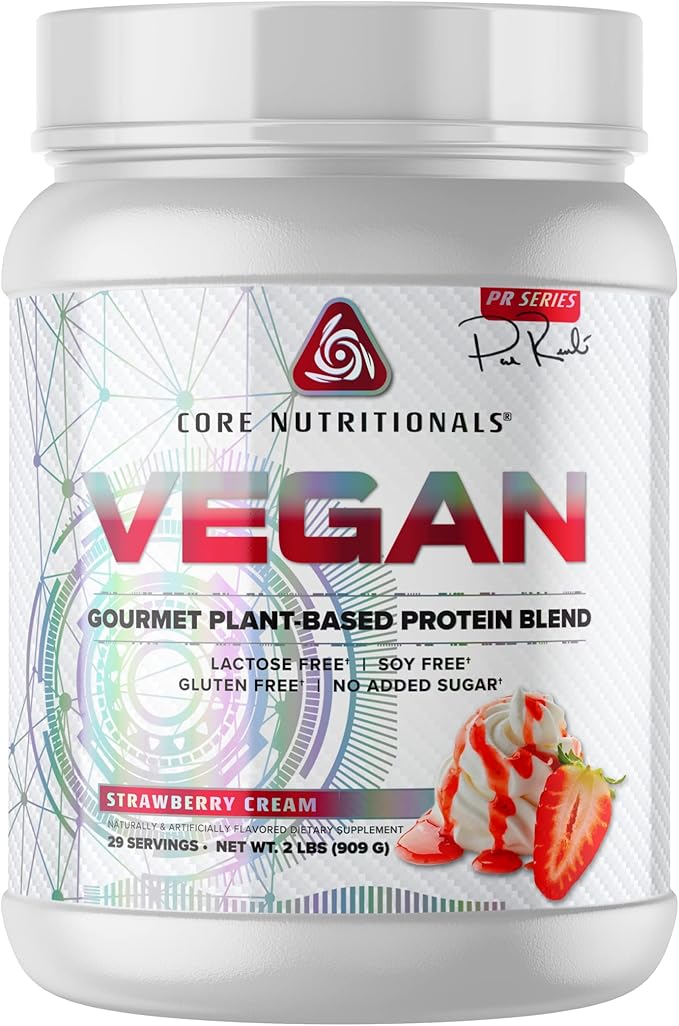 Core Nutritionals Vegan Gourmet Plant Based Protein Blend | with Vegan BCAAs | Lactose Soy Sugar &amp Gluten Free | 21g Pea Protein | 2 Pound (Strawberry Cream)